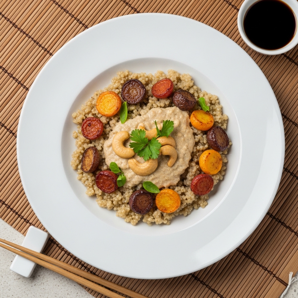 Vegan Italian Brunch Delight: Delectable Polenta Stack with Roasted Vegetables and Cashew Cream